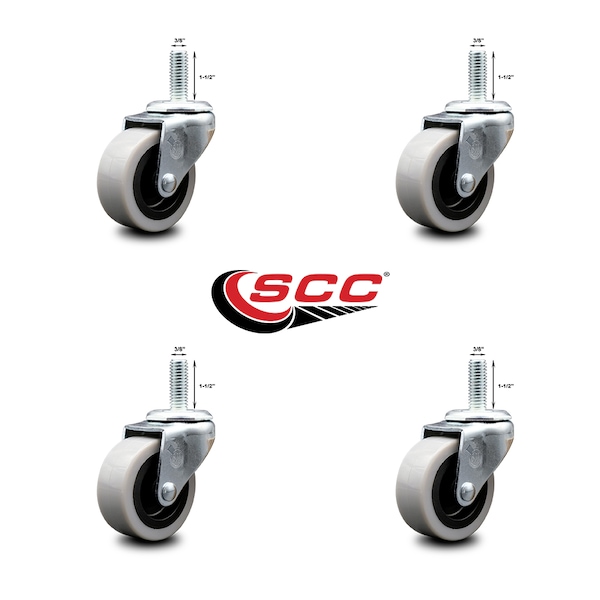 2 Inch Thermoplastic Rubber Wheel 3/8 Inch Threaded Stem Caster SCC, 4PK